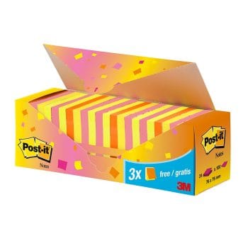 Notit adezive Post-it neon asortate 76x76mm 21+3 Gratis